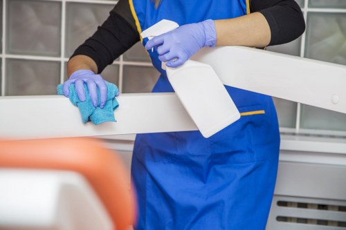 Professional cleaner dusting kitchen surfaces